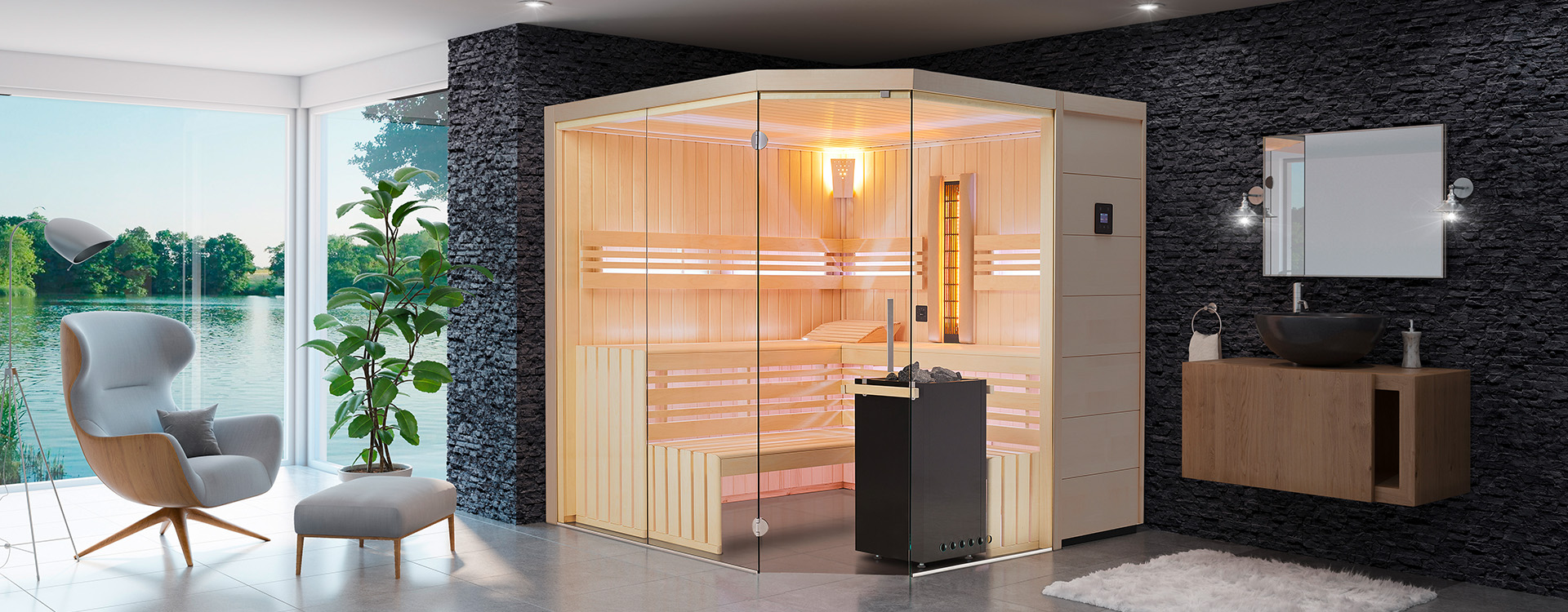 Sauna an einer Glasfront mit Designer-Ohrensessel daneben