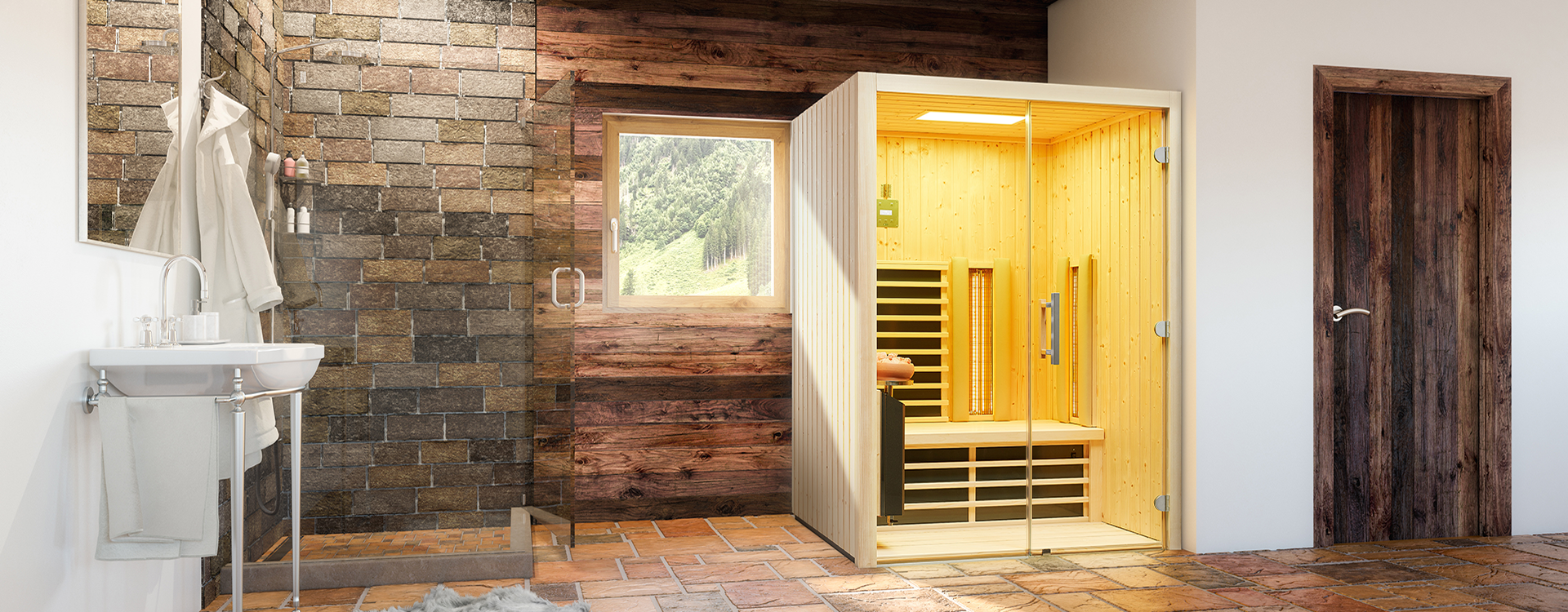 Eingebaute Infrarotkabine in einem rustikalen Badezimmer mit einer Stein- und Holzwand