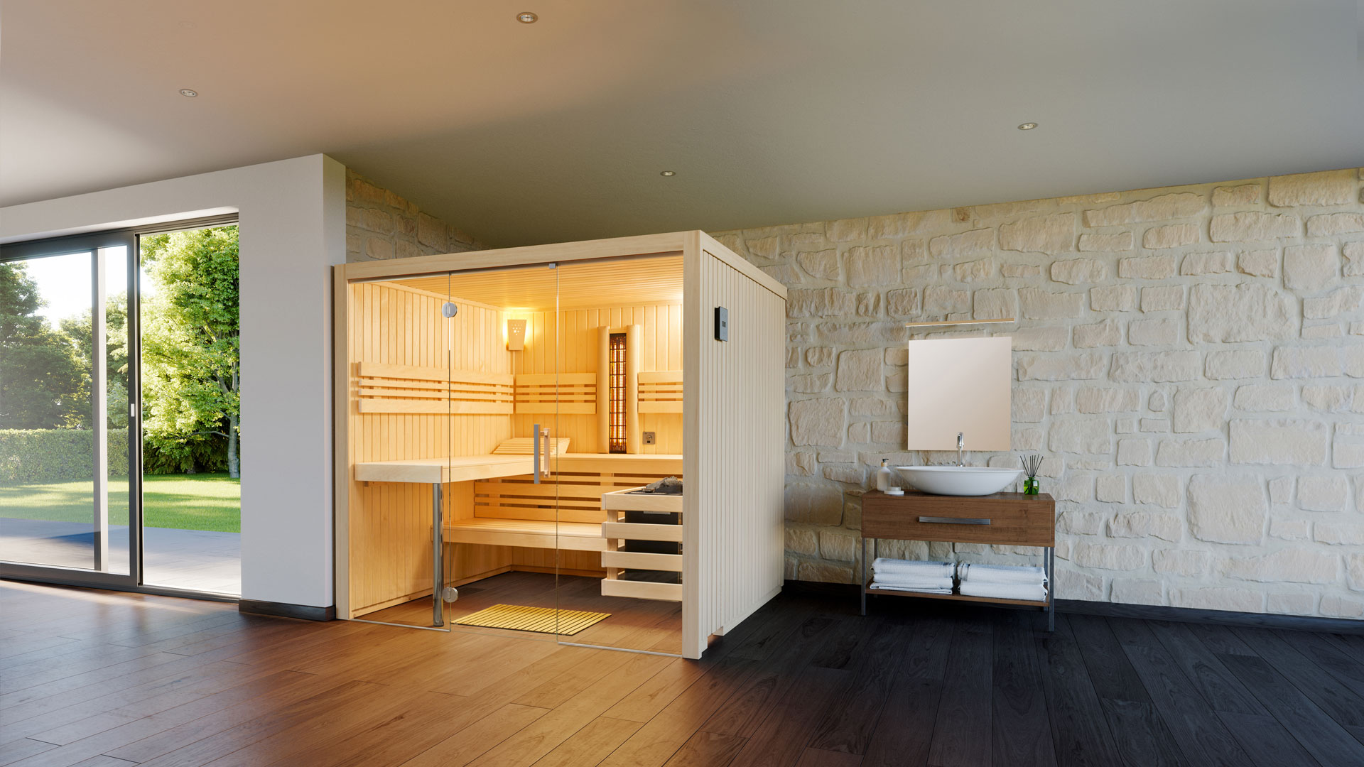 Eine schöne helle Sauna, eingebaut in einem großen offenen Raum